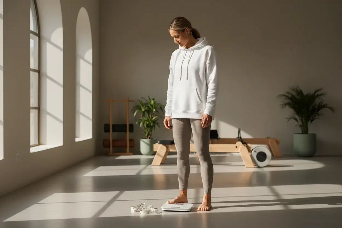 Woman in white hoodie and gray leggings standing on digital scale in bright home gym with Pilates equipment