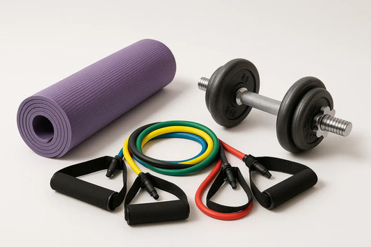 Purple yoga mat, adjustable dumbbell, and colorful resistance bands on a white background