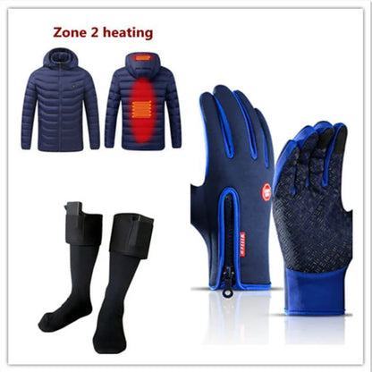 Heated jacket, gloves, and socks for outdoor fitness, black and blue with heating zones shown.