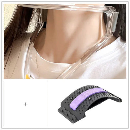 Neck stretching device on person and adjustable back stretcher for fitness recovery