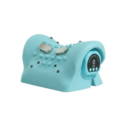 Turquoise electronic device with buttons and display on a white background