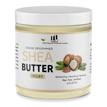 Jar of shea butter with a white label on a white background