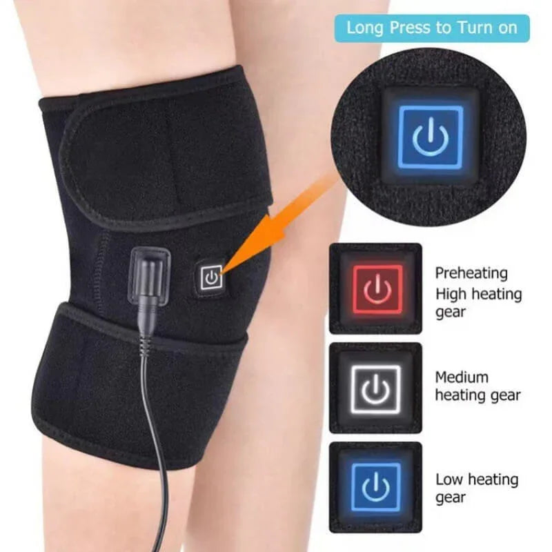 Heated knee brace wrap with adjustable temperature settings and power button, shown on leg.