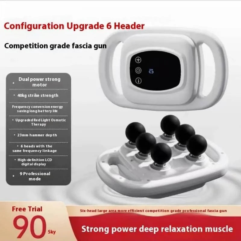 An upgraded 6-head electric fascia gun massager shown on a white background with promotional text. 