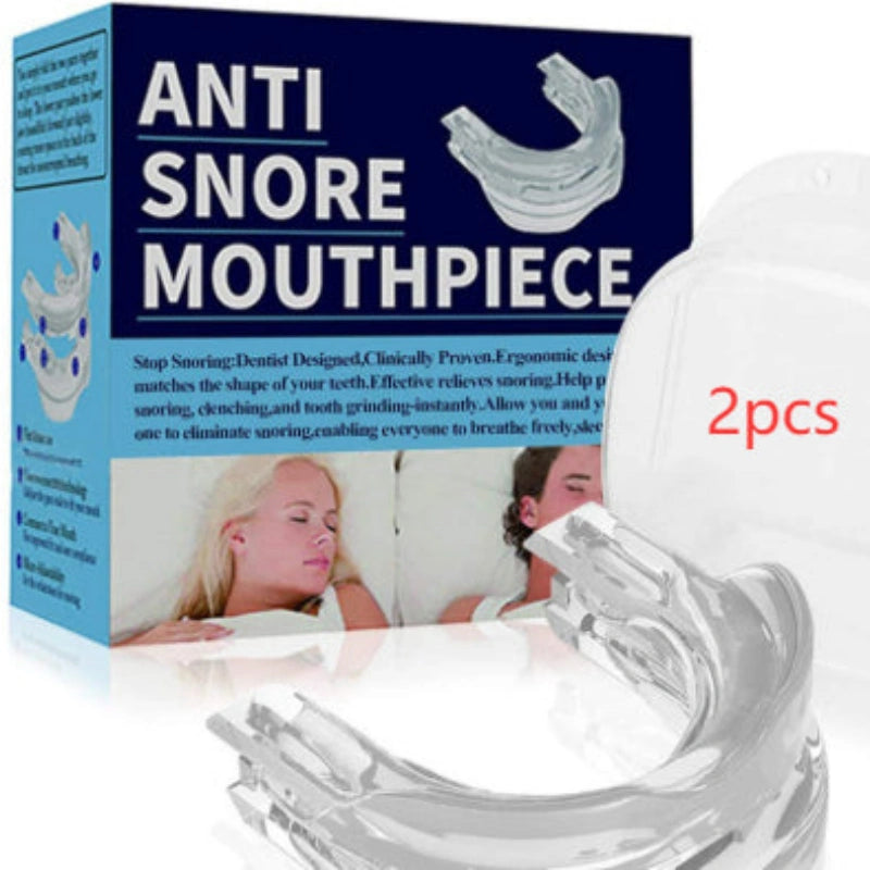 Anti Snore Mouthpiece product set showing a clear curved mouthpiece in the foreground, a white plastic case labeled '2pcs' 