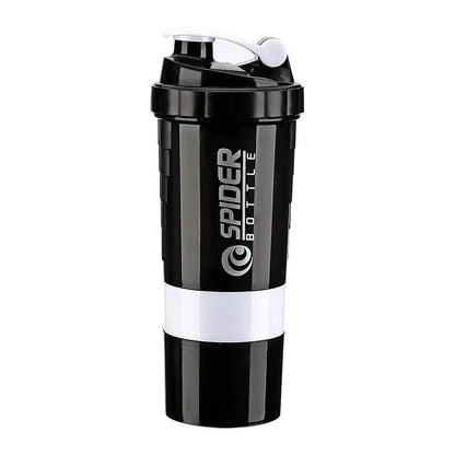 A black shaker bottle with a white logo reading 'SPIDER BOTTLE' and a white band around the middle, shown on a plain white background.