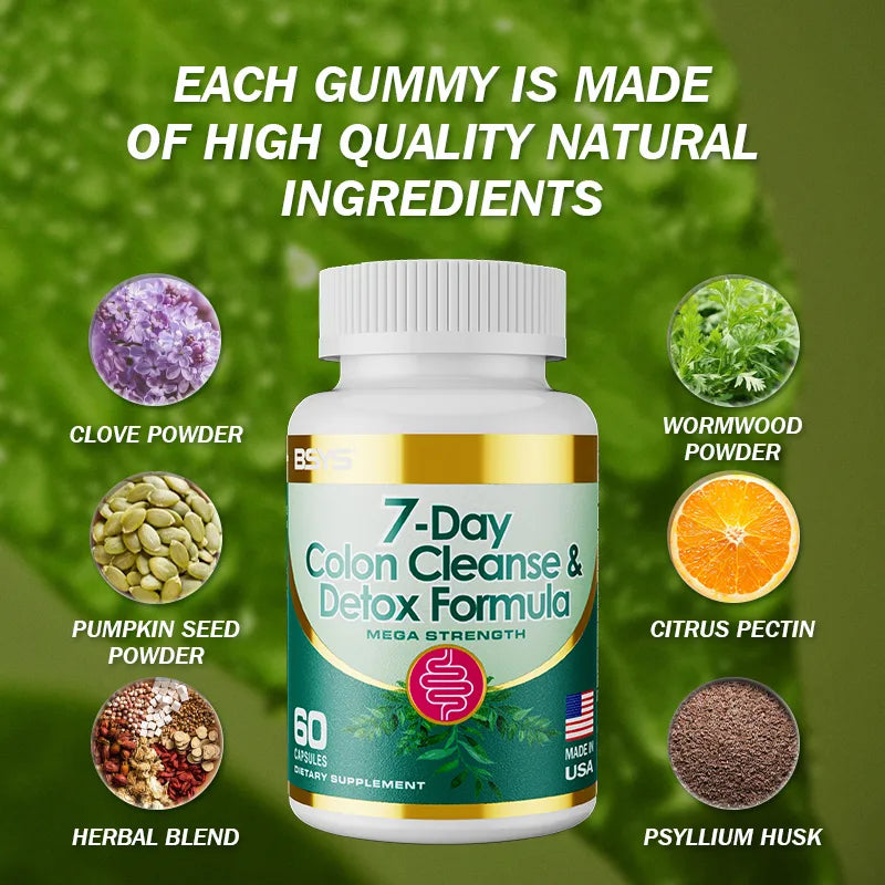 Supplement bottle labeled '7-Day Colon Cleanse & Detox Formula' with natural ingredients on a green background