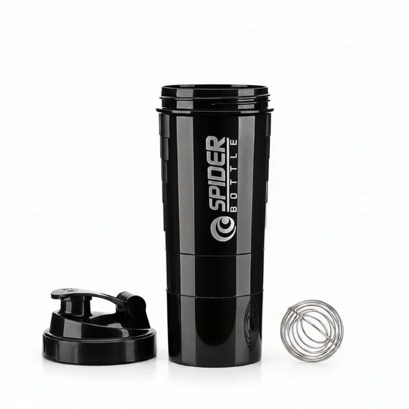 A black Spider Bottle shaker cup with a flip-top lid, featuring the white 'SPIDER BOTTLE' logo printed vertically on the side, set against a plain white background.