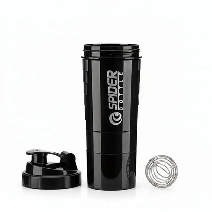 A black Spider Bottle shaker cup with a flip-top lid, featuring the white 'SPIDER BOTTLE' logo printed vertically on the side, set against a plain white background.