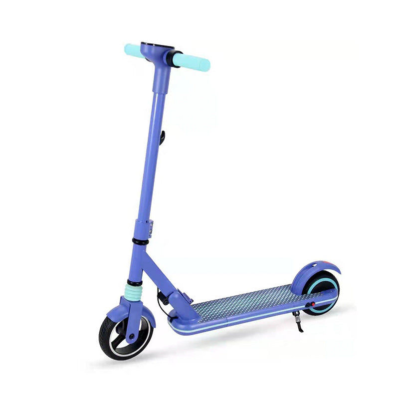 Purple scooter with black wheels on a white background
