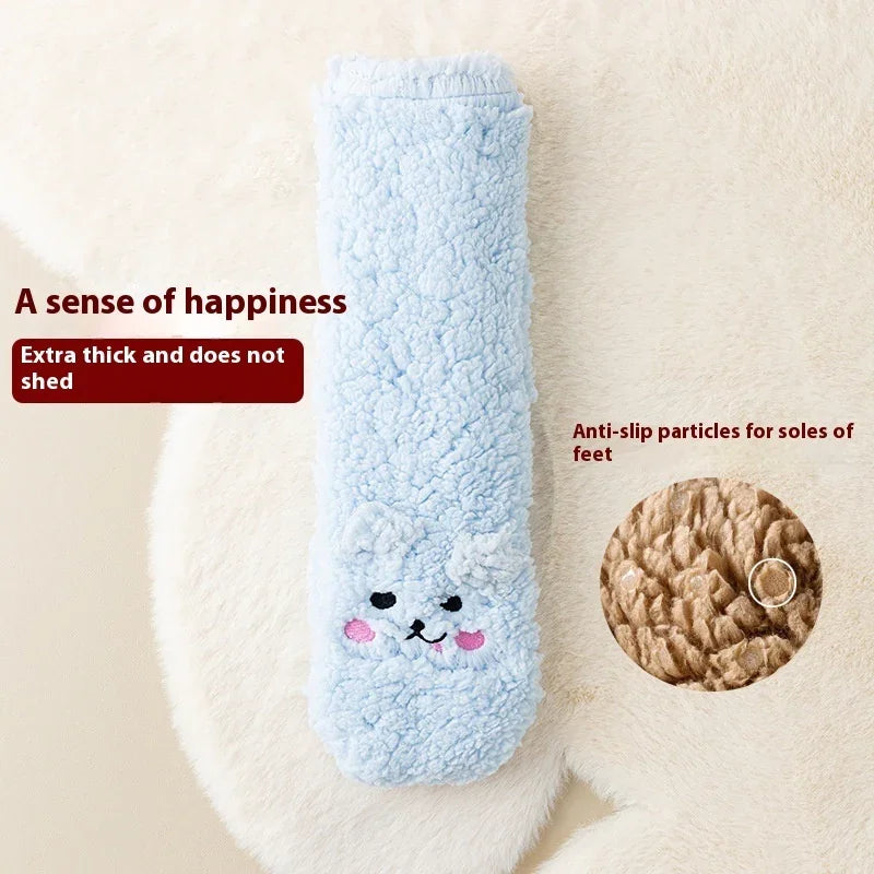 Blue fuzzy sock with cute animal face, extra thick, anti-slip particles, cozy indoor wear