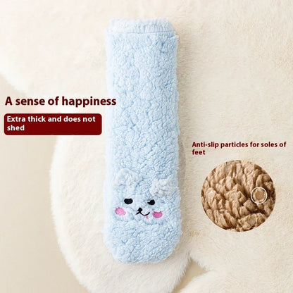 Blue fuzzy sock with cute animal face, extra thick, anti-slip particles, cozy indoor wear