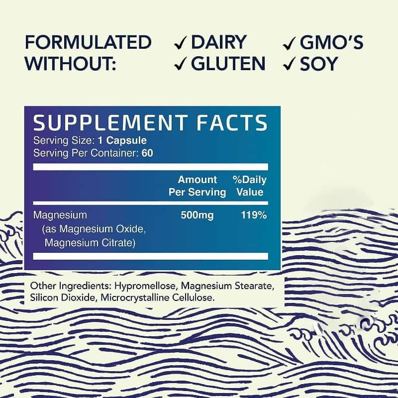 Magnesium supplement facts panel, dairy free, gluten free, non-GMO, soy free capsule.