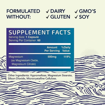 Magnesium supplement facts panel, dairy free, gluten free, non-GMO, soy free capsule.