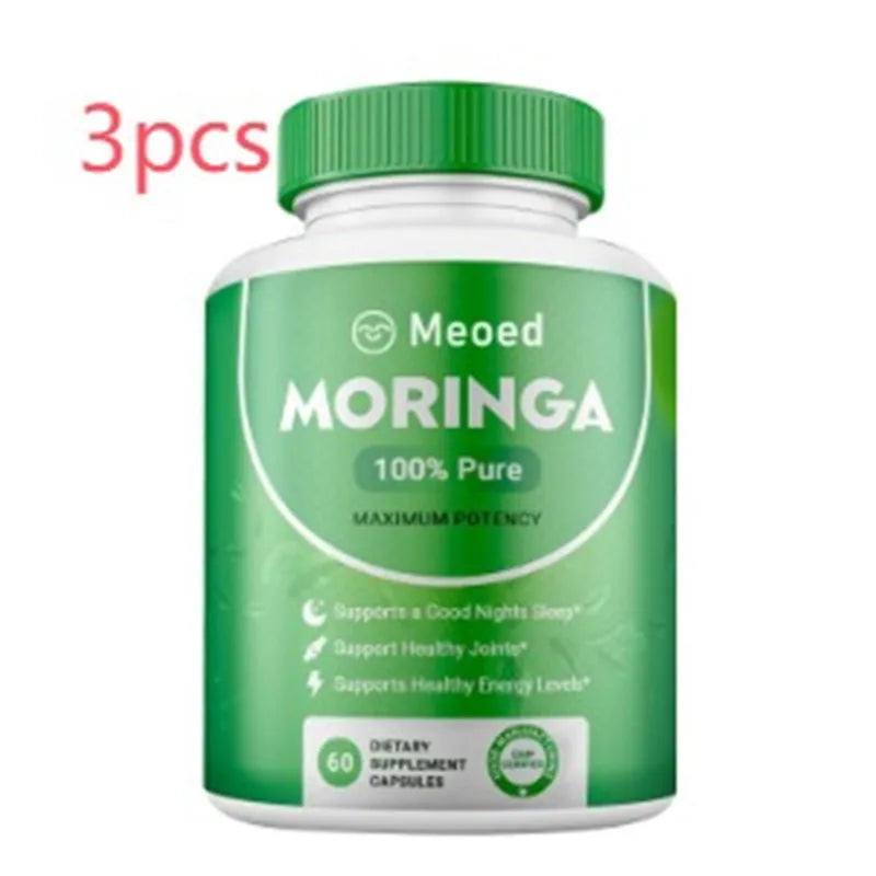 Moringa supplement bottle with green cap and label on a white background