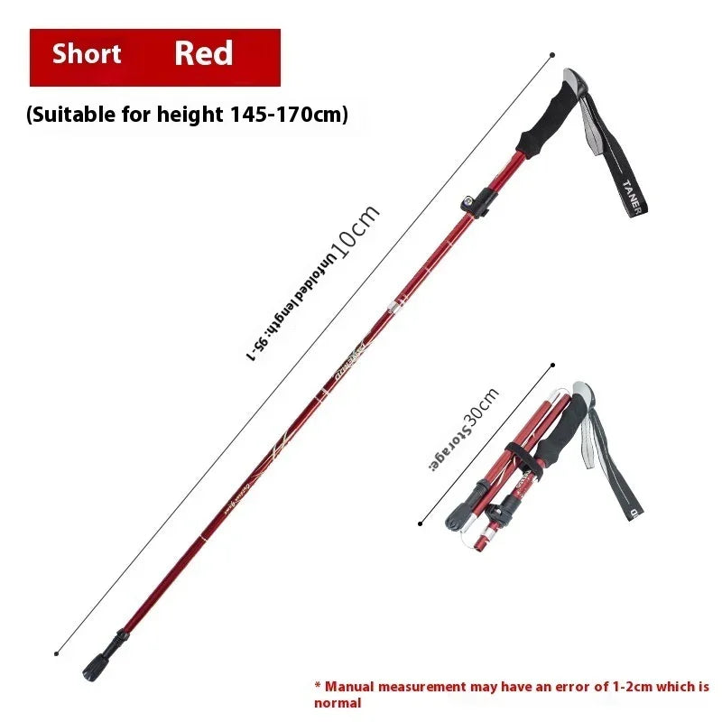 Red collapsible trekking pole, short size, with wrist strap and measurements for hiking.