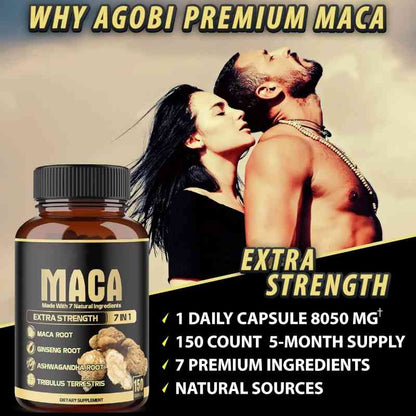 Maca supplement bottle with couple outdoors, promoting extra strength, natural ingredients, and energy support.
