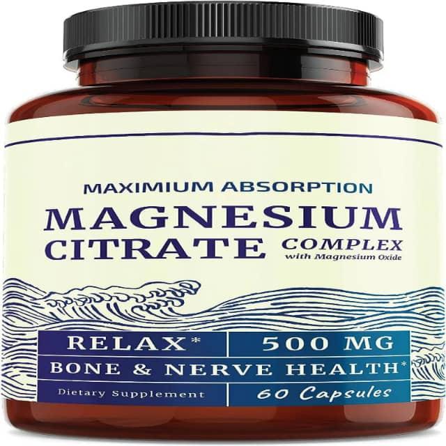 Magnesium Citrate Complex supplement bottle, 500mg, 60 capsules for bone and nerve health