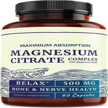 Magnesium Citrate Complex supplement bottle, 500mg, 60 capsules for bone and nerve health