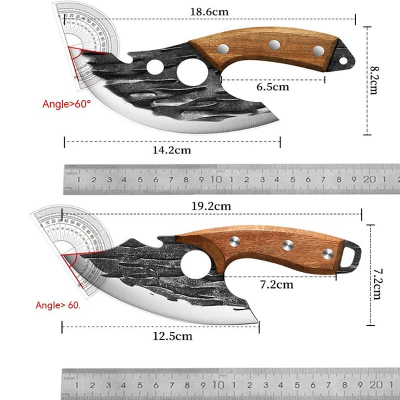 Two outdoor knives with wooden handles, black blades, and measurement details shown.