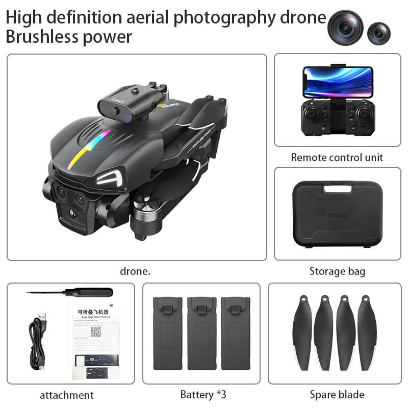 High definition aerial photography drone with accessories on a white background