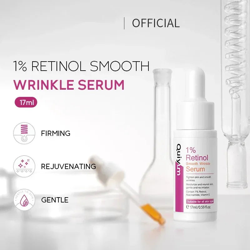 Luxino 1% Retinol Smooth Wrinkle Serum in a white dropper bottle, shown alongside glass pipettes 