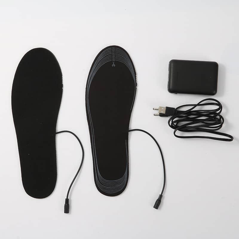 Electric heated insoles with power cord, USB charger, and battery pack for outdoor use