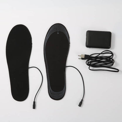 Electric heated insoles with power cord, USB charger, and battery pack for outdoor use