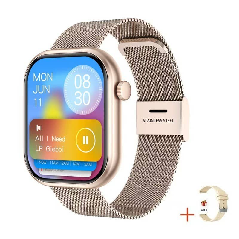 Smartwatch with a metallic mesh band on a white background