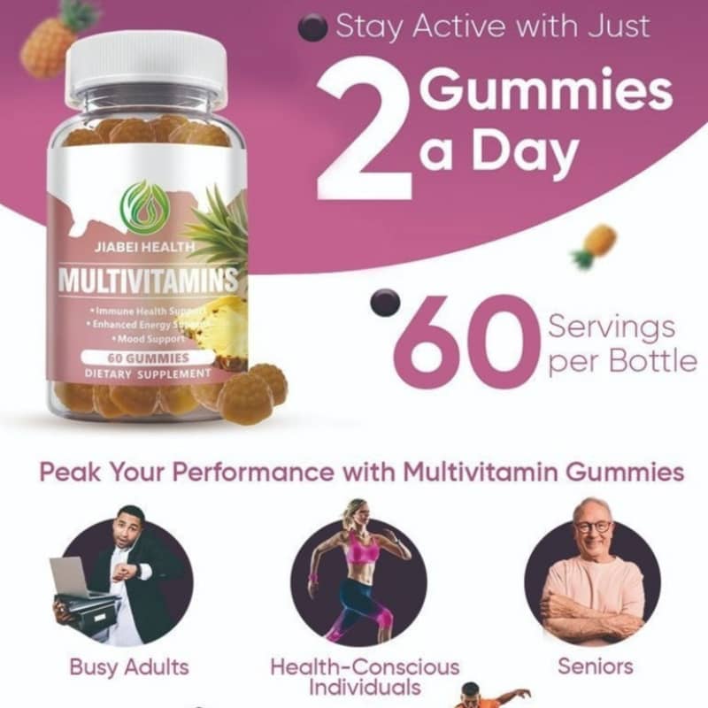 Multivitamin gummies packaging with promotional text on a white and pink background