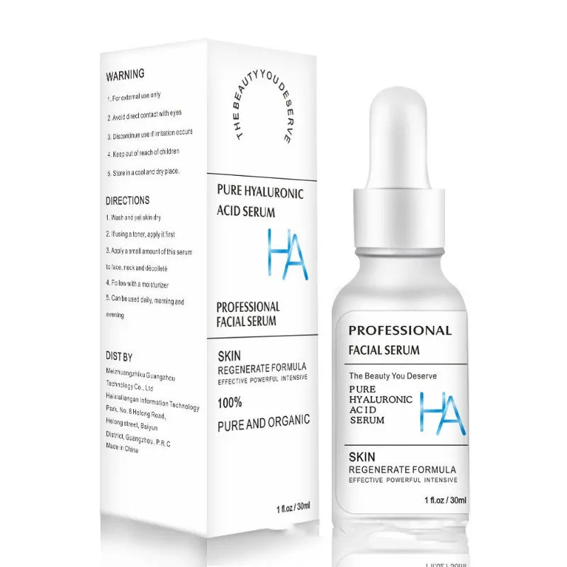 A white skincare serum bottle with a white dropper cap stands next to its matching white retail box on a clean white background. blue accents.