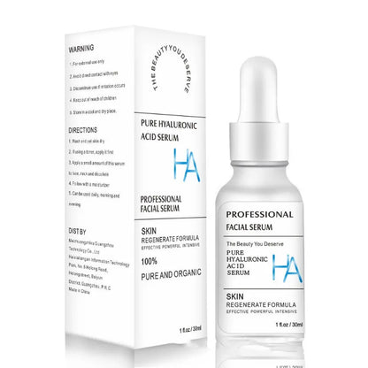 A white skincare serum bottle with a white dropper cap stands next to its matching white retail box on a clean white background. blue accents.