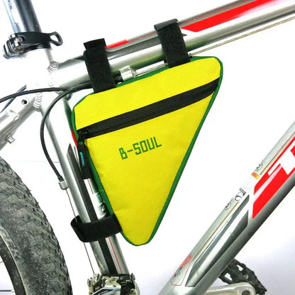 Yellow B-SOUL triangle bike frame bag attached to silver bicycle, fitness gear accessory