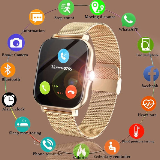 Gold smartwatch with various functions displayed on a brown background