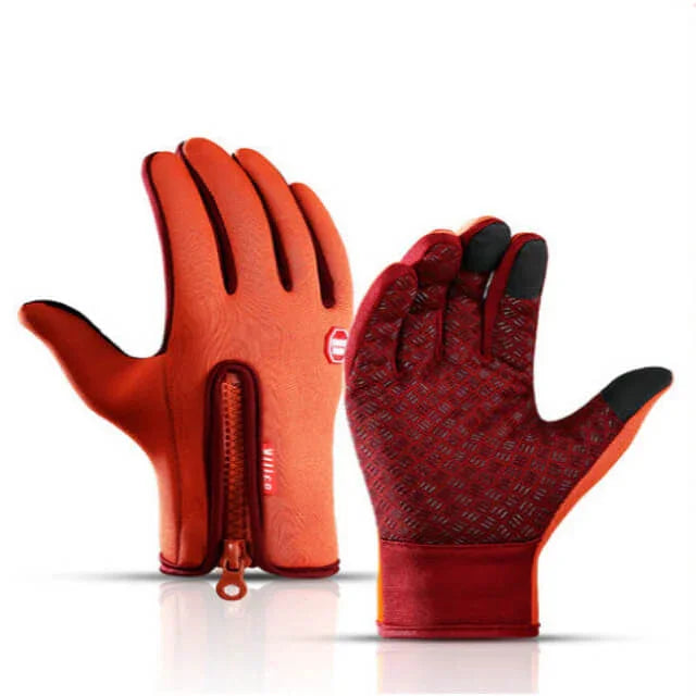 Red insulated fitness gloves with zipper, textured grip and touchscreen fingertips