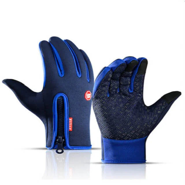 Blue fitness gloves with zipper closure and textured non-slip palm, for gym or outdoor use