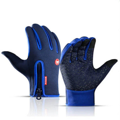 Blue fitness gloves with zipper closure and textured non-slip palm, for gym or outdoor use