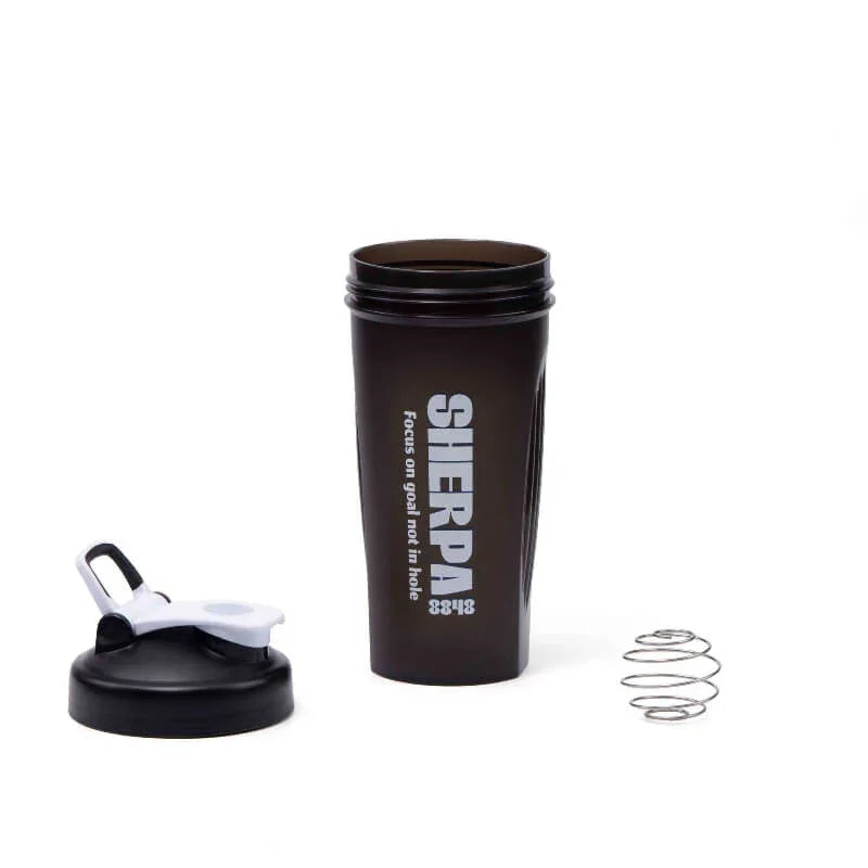 Black shaker bottle with Sherpa logo on a white background