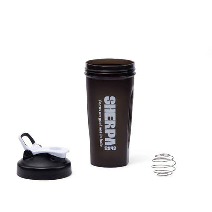 Black shaker bottle with Sherpa logo on a white background
