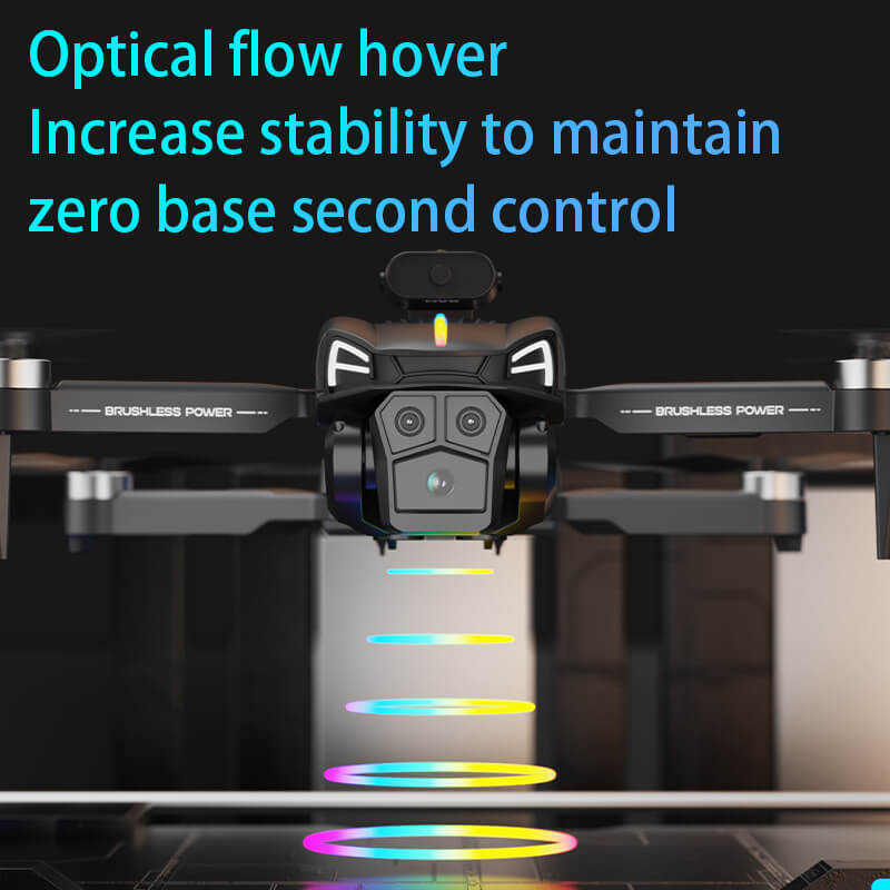 Drone with text about optical flow hover technology on a dark background
