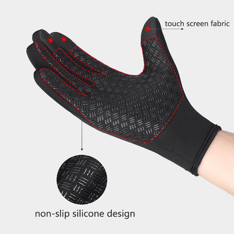 Black fitness glove with touch screen fingertips and non-slip silicone grip, red stitching.