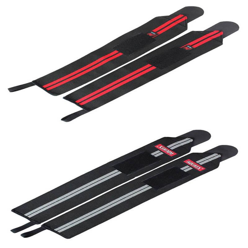 Two pairs of black protective gear with red and silver stripes on a white background