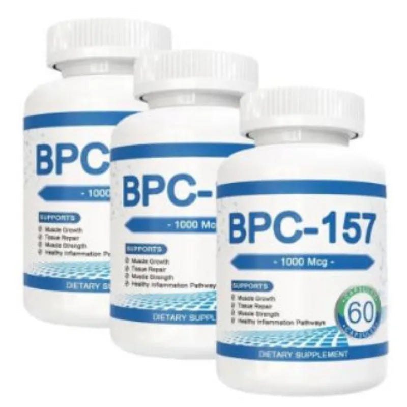 Three bottles of BPC-157 dietary supplement on a white background