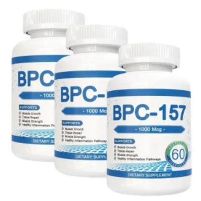 Three bottles of BPC-157 dietary supplement on a white background