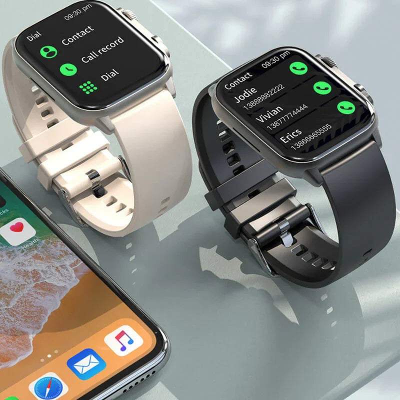 Smart fitness watches with call and contact display next to smartphone on glass table