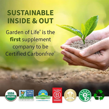 Hands holding soil with a green plant, eco-friendly supplements, sustainability certifications.