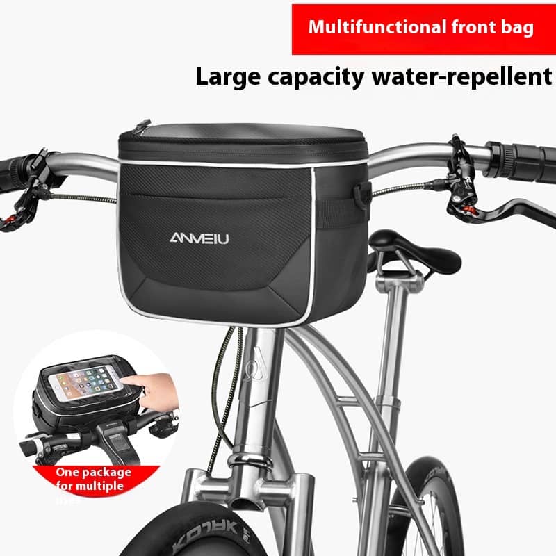 Multifunctional front bag on a bicycle with large capacity and water-repellent feature.