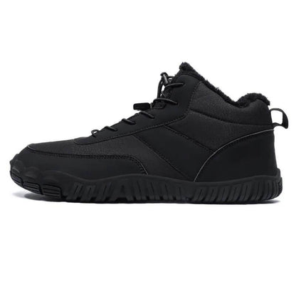 Black athletic mid-top sneaker with rugged sole and fleece lining for outdoor fitness
