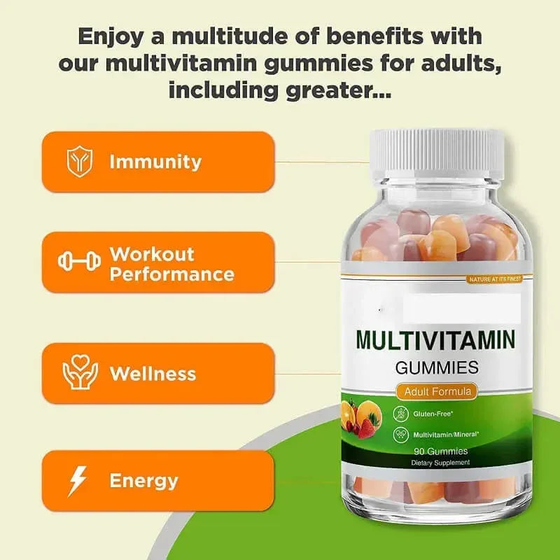 Multivitamin gummies bottle with benefits listed on a gradient background