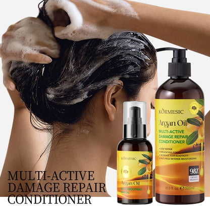 Woman washing hair with Kormesic Argan Oil hair care products displayed.